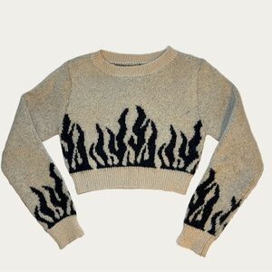 SHEIN Y2K Women’s Cropped Beige Sweater with Black Flame Design Size Medium